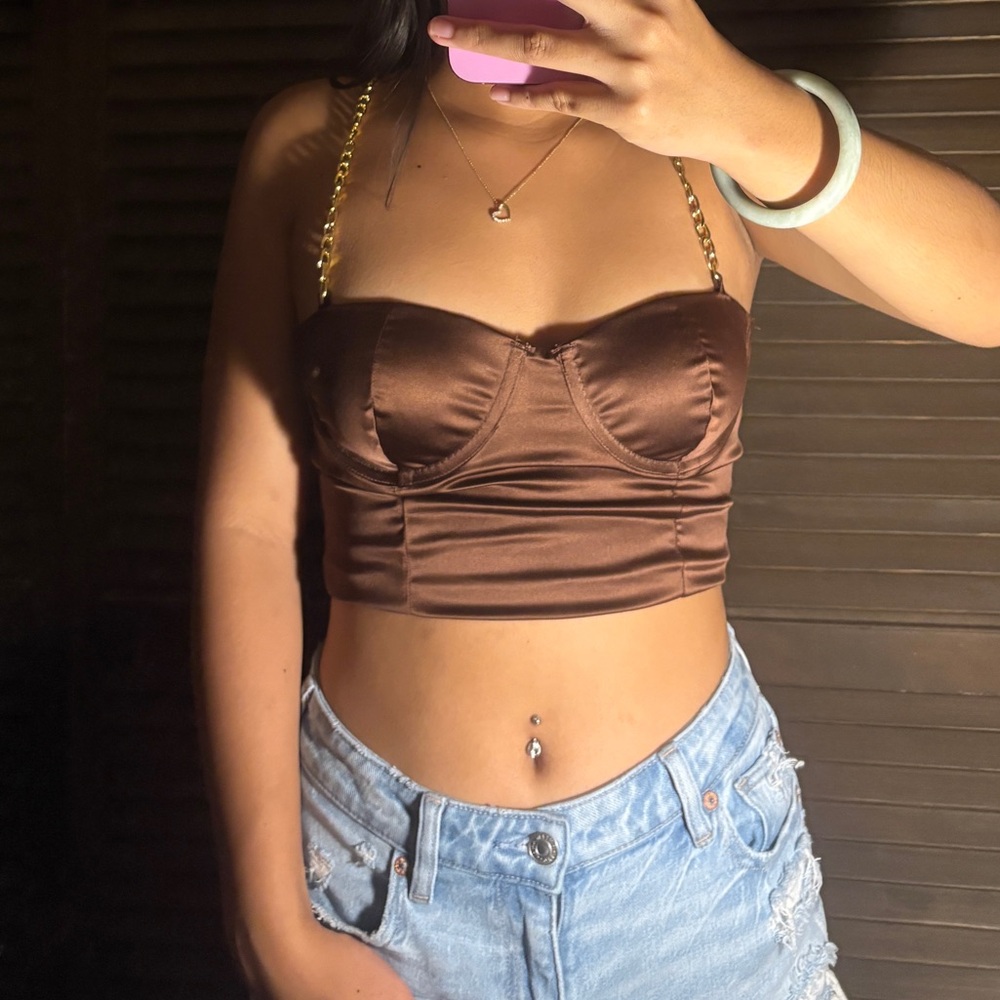 Brown Satin Crop Top with Gold Chain Straps